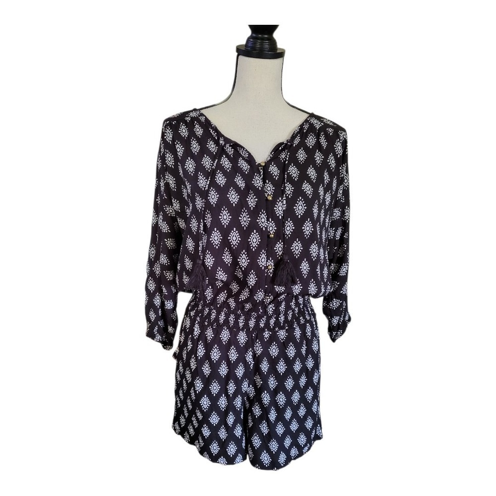 💕Garnet Hill Romper Women Small Black 3/4 Sleeves Tassels Pockets Elastic Waist